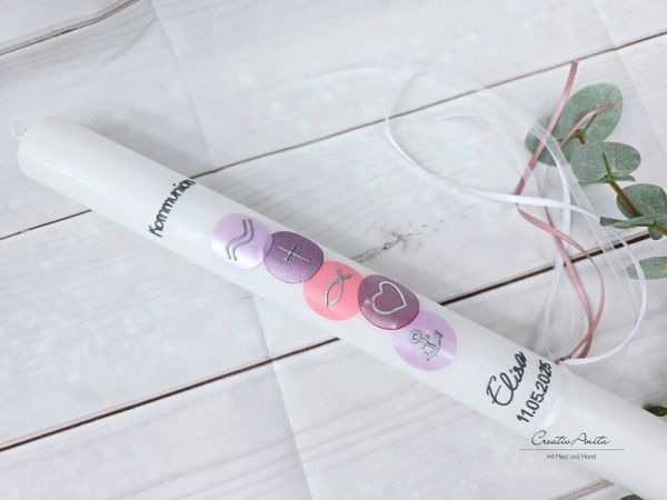 Kommunionkerze Kreise in Flieder-Rosa mit christlichen Symbolen